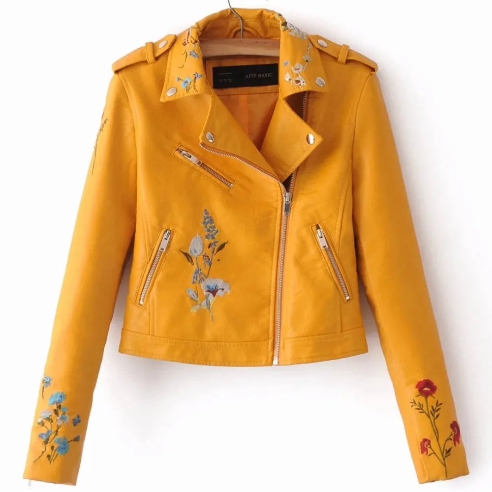 Women's Autumn Leather Jacket With Embroidery