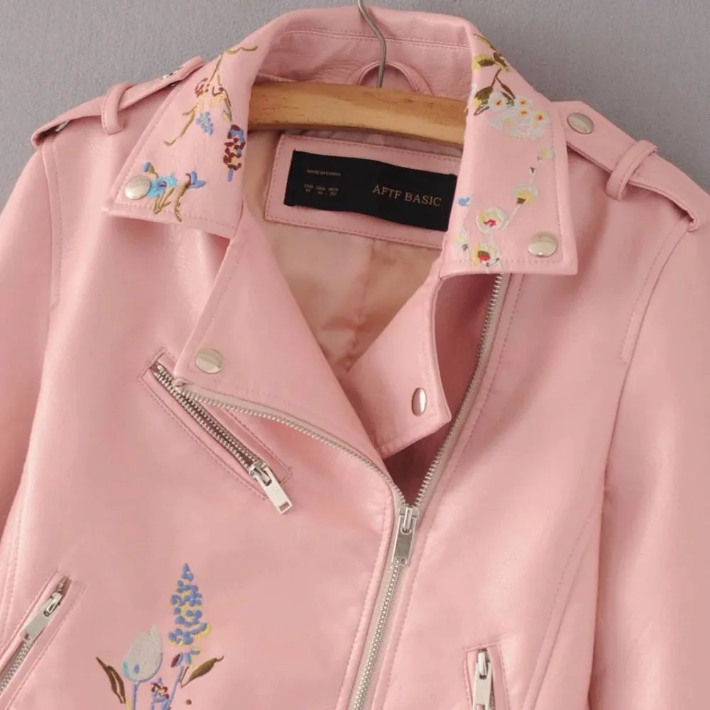 Women's Autumn Leather Jacket With Embroidery