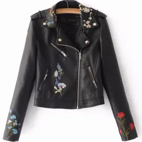 Women's Autumn Leather Jacket With Embroidery