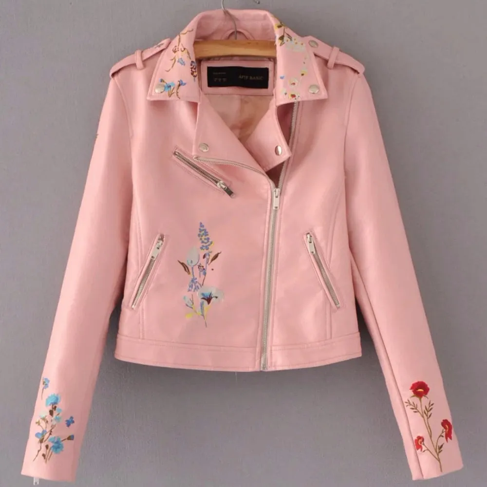 Women's Autumn Leather Jacket With Embroidery