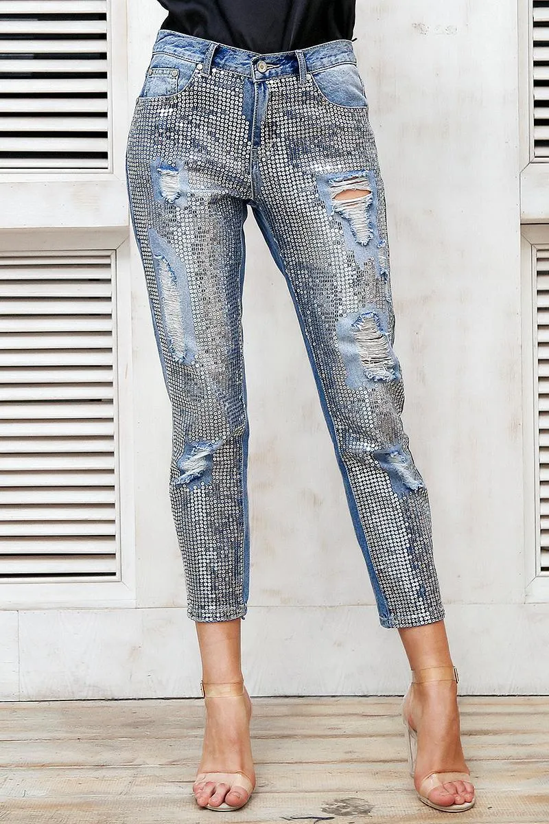 Women's Blue Jeans With Fringes