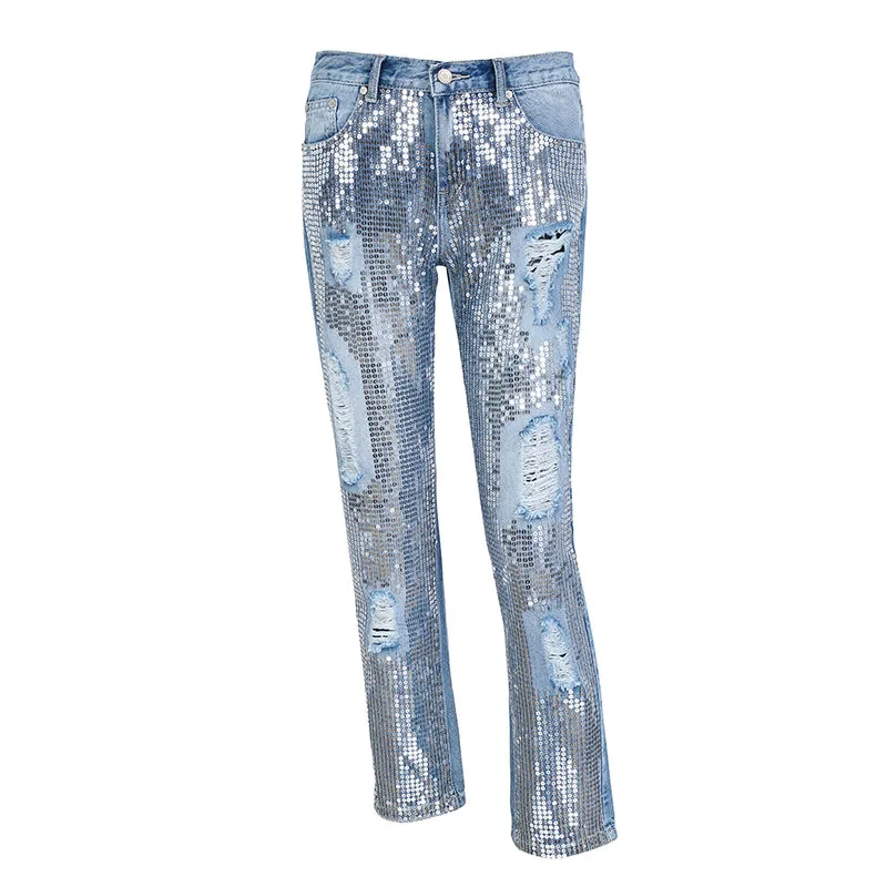 Women's Blue Jeans With Fringes