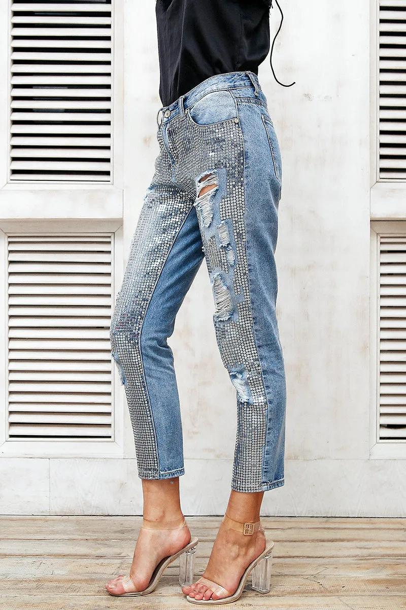 Women's Blue Jeans With Fringes