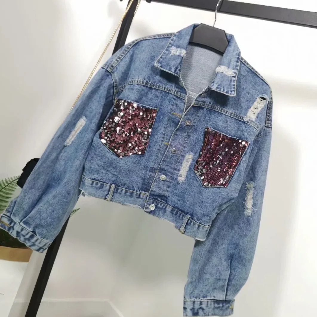 Women's Denim Slim Short Coat With Sequin