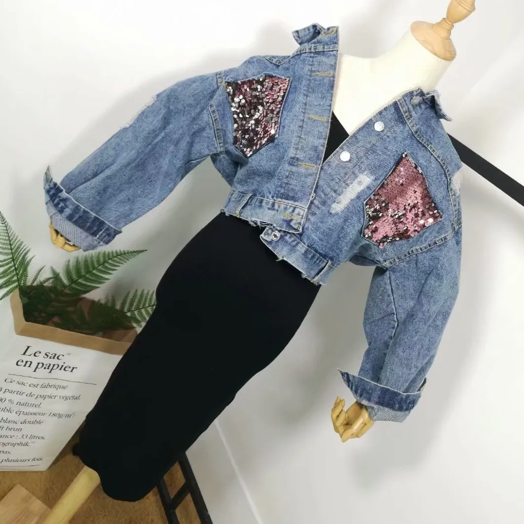 Women's Denim Slim Short Coat With Sequin