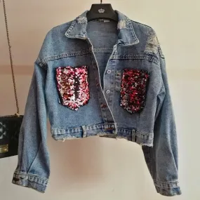 Women's Denim Slim Short Coat With Sequin