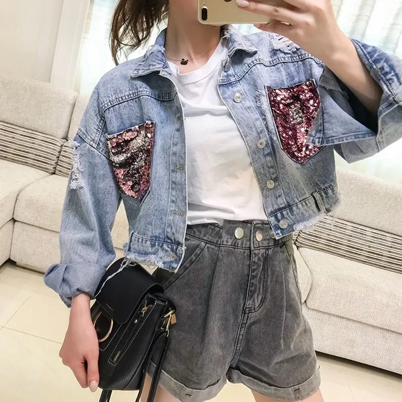 Women's Denim Slim Short Coat With Sequin