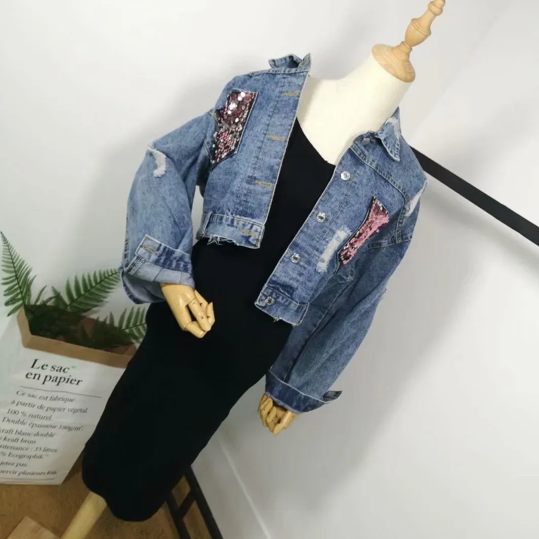 Women's Denim Slim Short Coat With Sequin