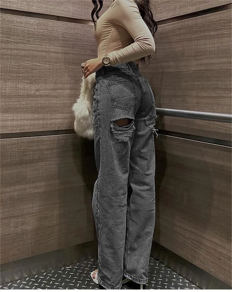 Women's High-Waist Ripped Slim Fit Jeans for Summer