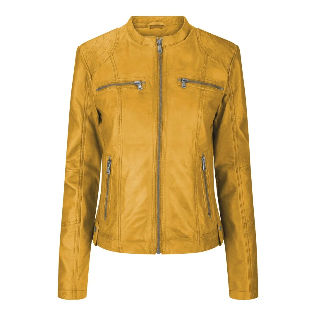 Women's Leather Jacket Short Fitted With Chinese Collar