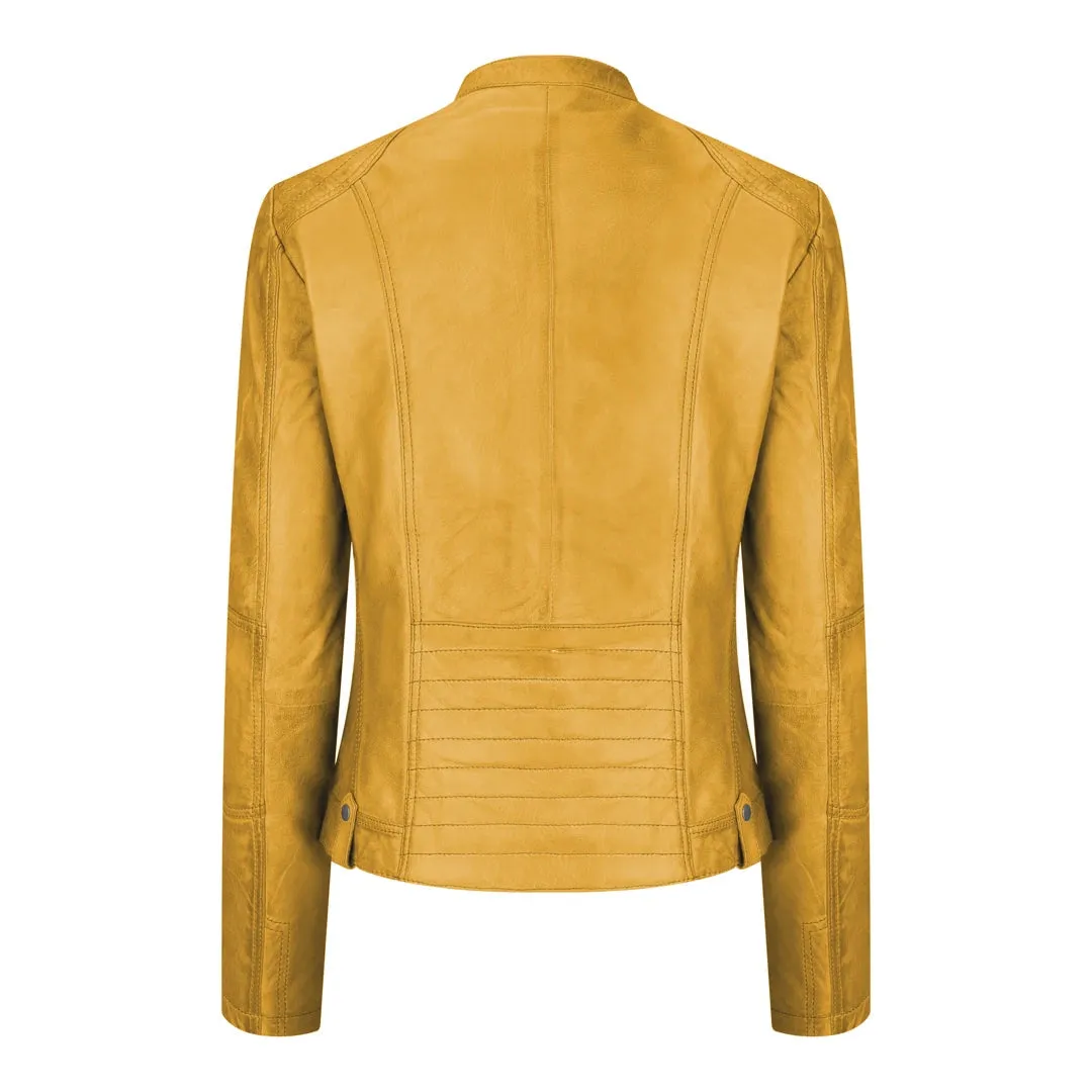 Women's Leather Jacket Short Fitted With Chinese Collar
