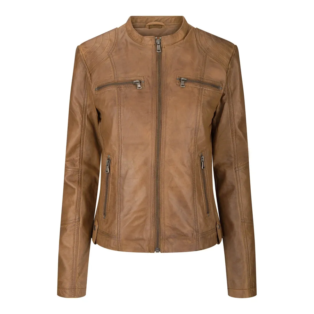 Women's Leather Jacket Short Fitted With Chinese Collar
