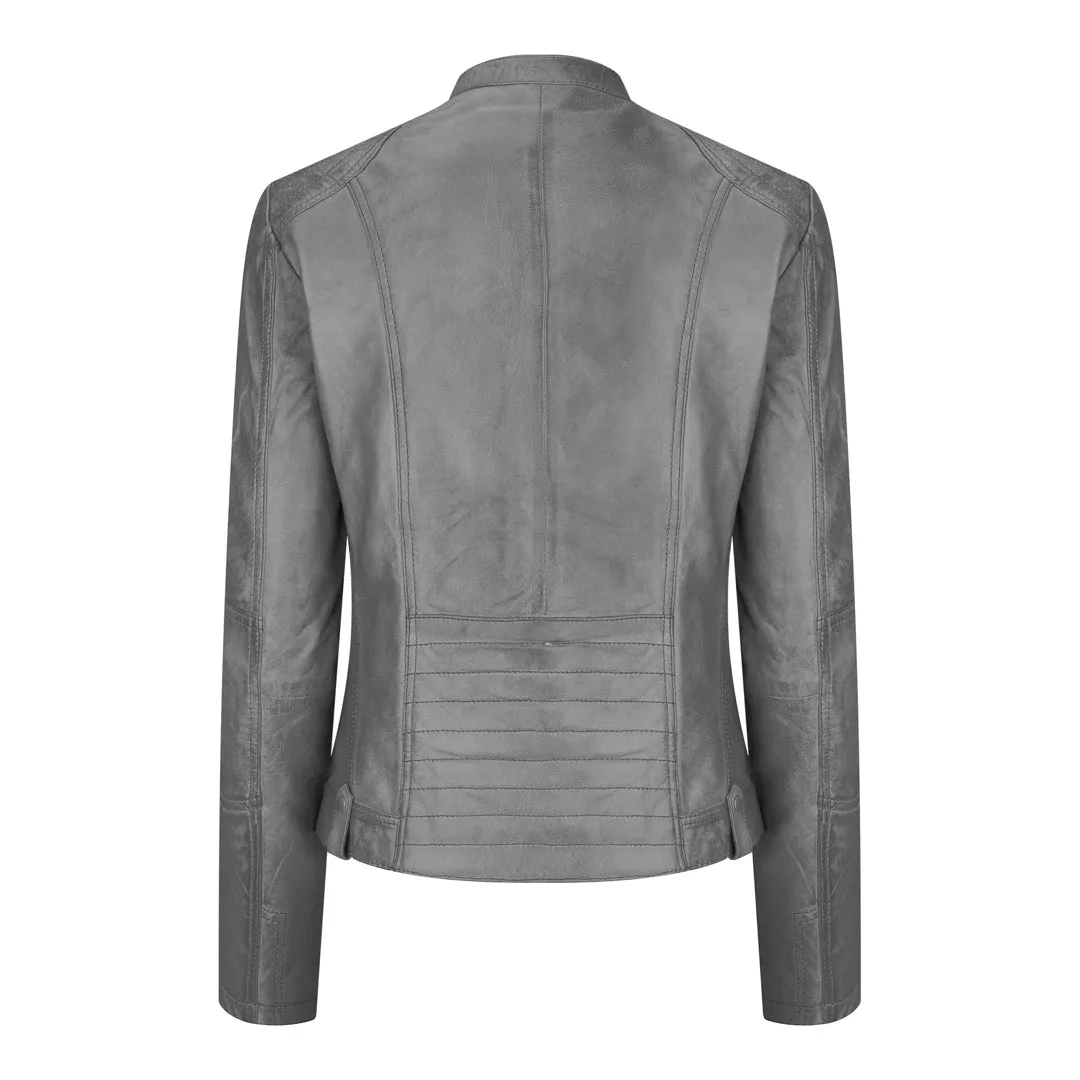 Women's Leather Jacket Short Fitted With Chinese Collar