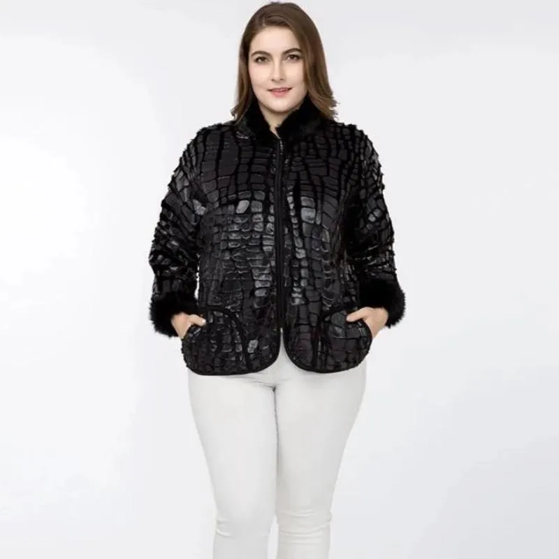 Women's Spring Casual Faux Crocodile Leather Coat With Fur | Plus Size