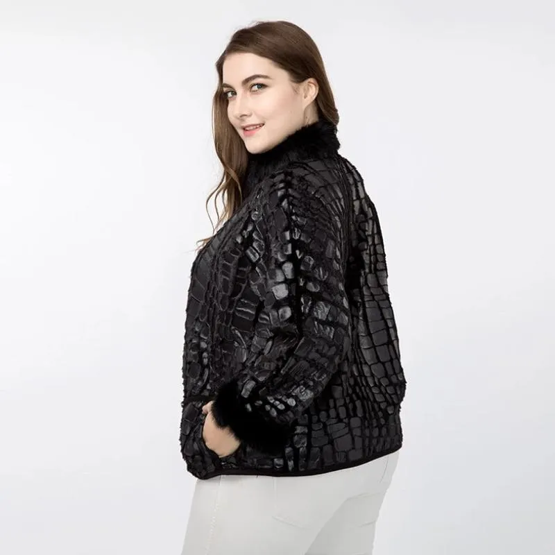 Women's Spring Casual Faux Crocodile Leather Coat With Fur | Plus Size