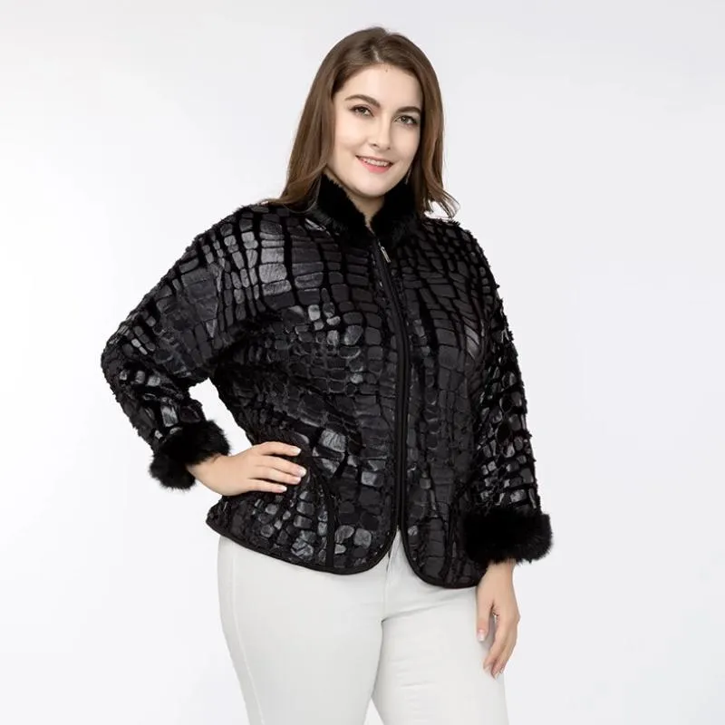 Women's Spring Casual Faux Crocodile Leather Coat With Fur | Plus Size