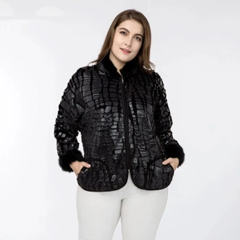 Women's Spring Casual Faux Crocodile Leather Coat With Fur | Plus Size
