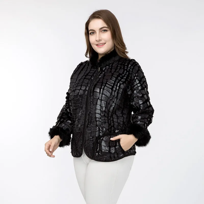 Women's Spring Casual Faux Crocodile Leather Coat With Fur | Plus Size