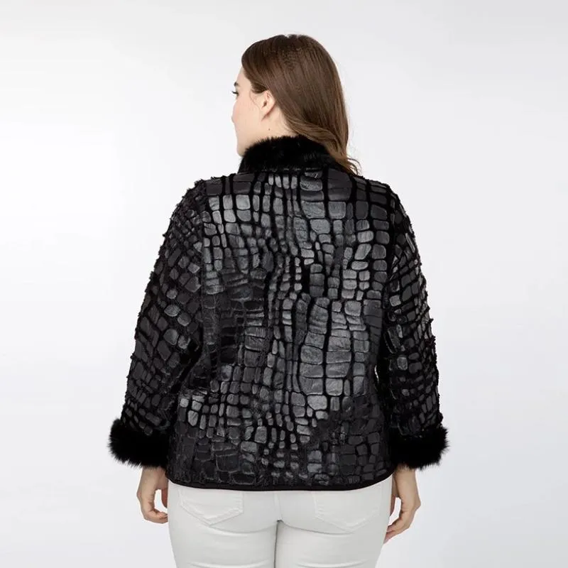 Women's Spring Casual Faux Crocodile Leather Coat With Fur | Plus Size