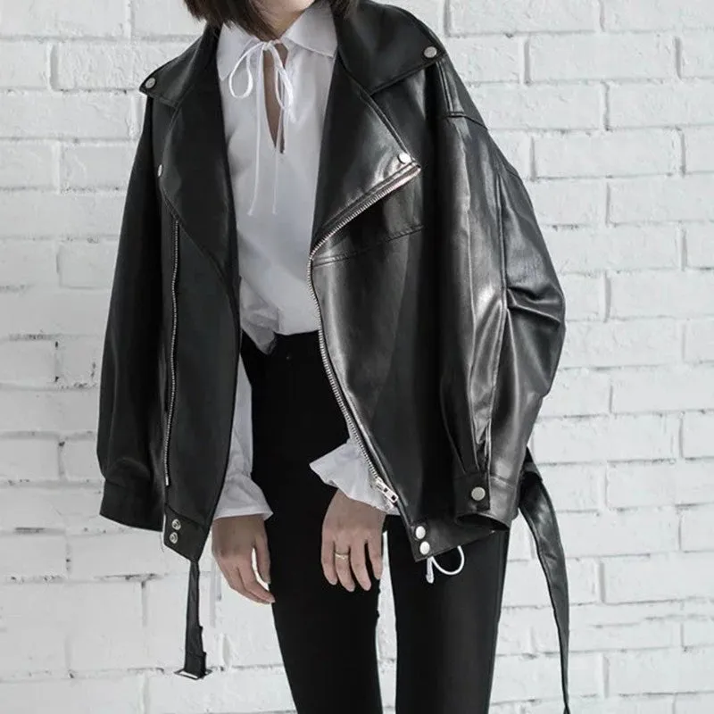 Women's Spring Leather Jacket With Zipper