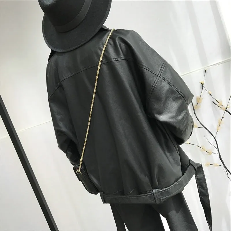 Women's Spring Leather Jacket With Zipper