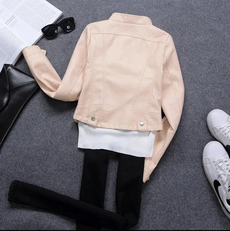 Women's Spring/Autumn Faux Leather Short-Collar Jacket