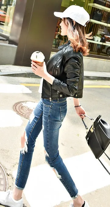 Women's Spring/Autumn Faux Leather Short-Collar Jacket