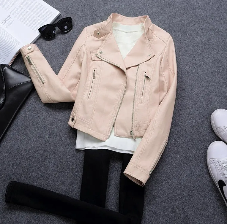 Women's Spring/Autumn Faux Leather Short-Collar Jacket