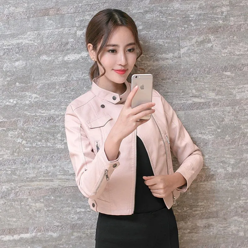 Women's Spring/Autumn Faux Leather Short-Collar Jacket