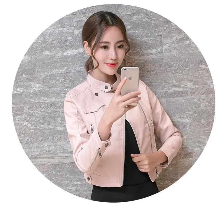 Women's Spring/Autumn Faux Leather Short-Collar Jacket