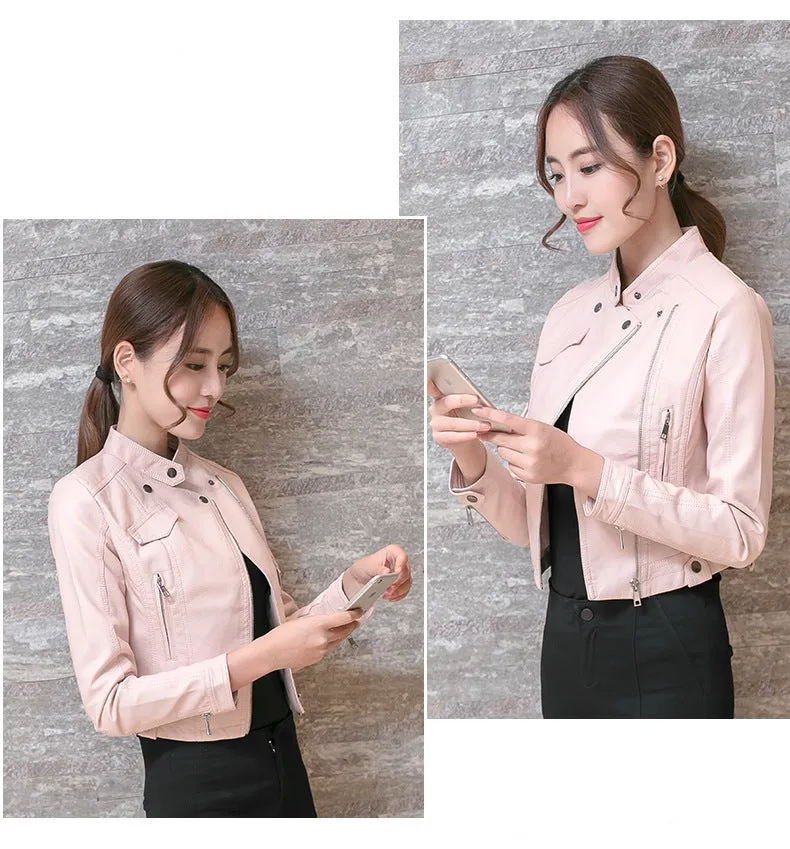 Women's Spring/Autumn Faux Leather Short-Collar Jacket